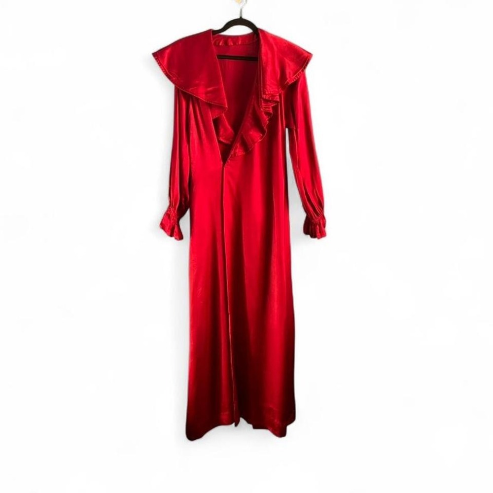 Vintage Ruffle Collar Robe Women's Size Large Burgundy House Dress Retro‎ Drama